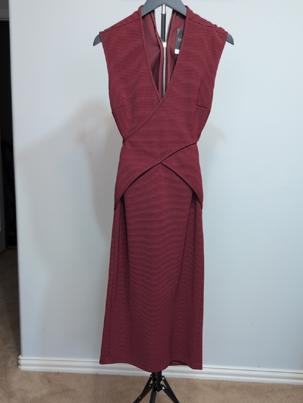 Topshop Sleeveless Ribbed Wrap Midi Dress in Burgundy